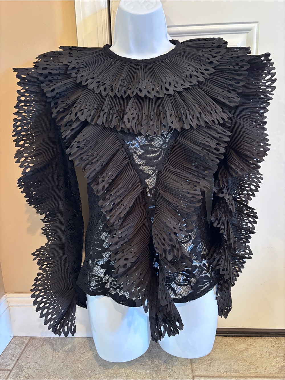 Black Lace Pleated Ruffle Statement Blouse